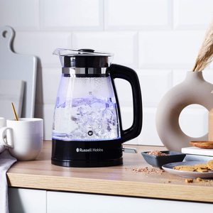 Russell Hobbs Hourglass Kettle on display in a kitchen.