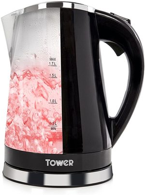 Tower Colour Changing Kettle illuminating red.