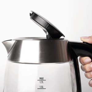 Haden Guildford Glass Kettle's push button flip lid.