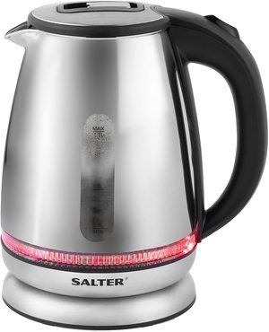 Salter Mirror Glass Kettle illuminating red.